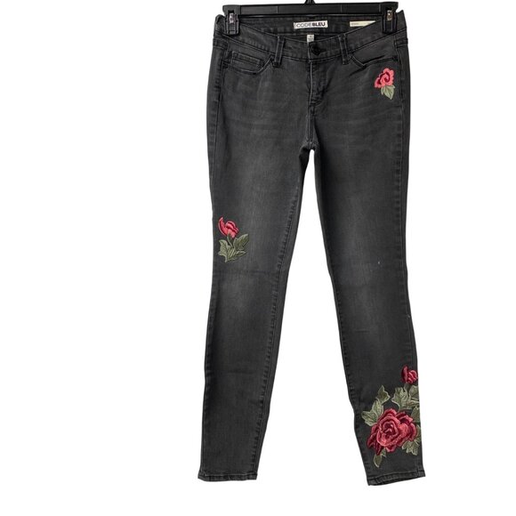 Code Bleu‎ Womens Embroidered Rose Skinny Jeans Size 4 Black Denim - Picture 1 of 7